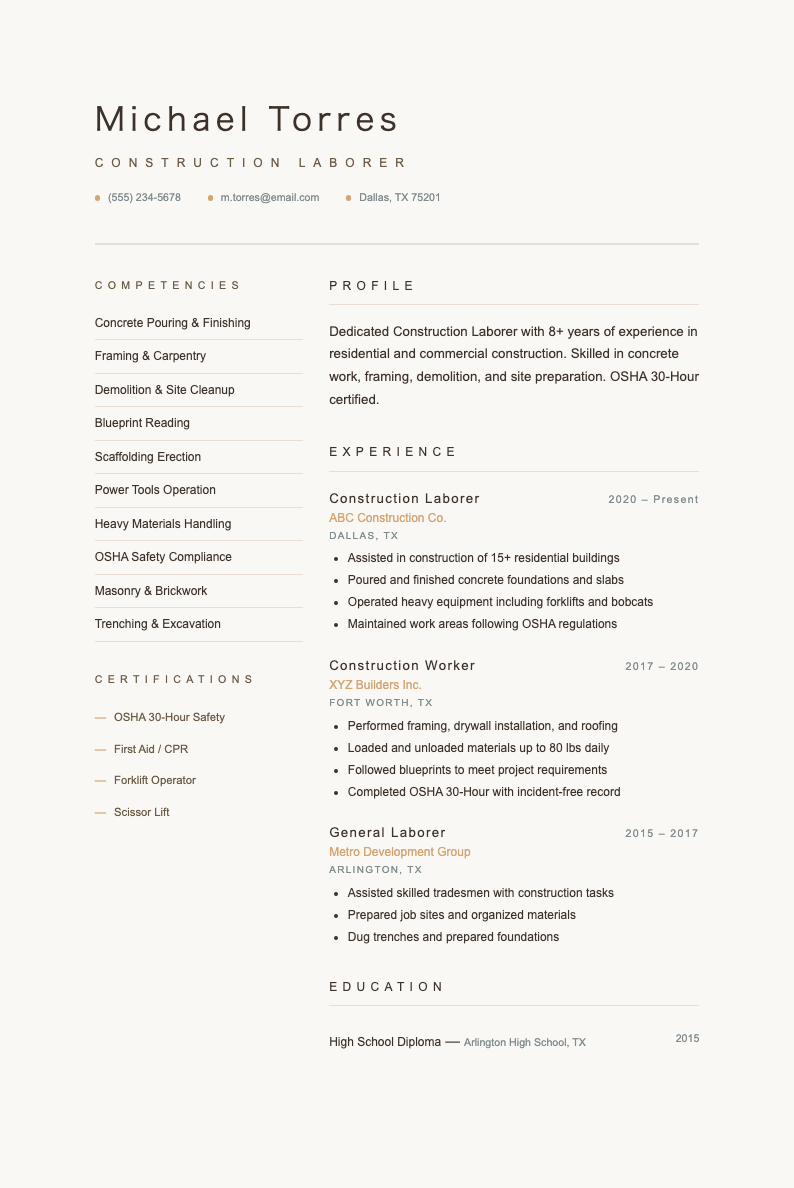 Japandi Minimalist construction laborer resume